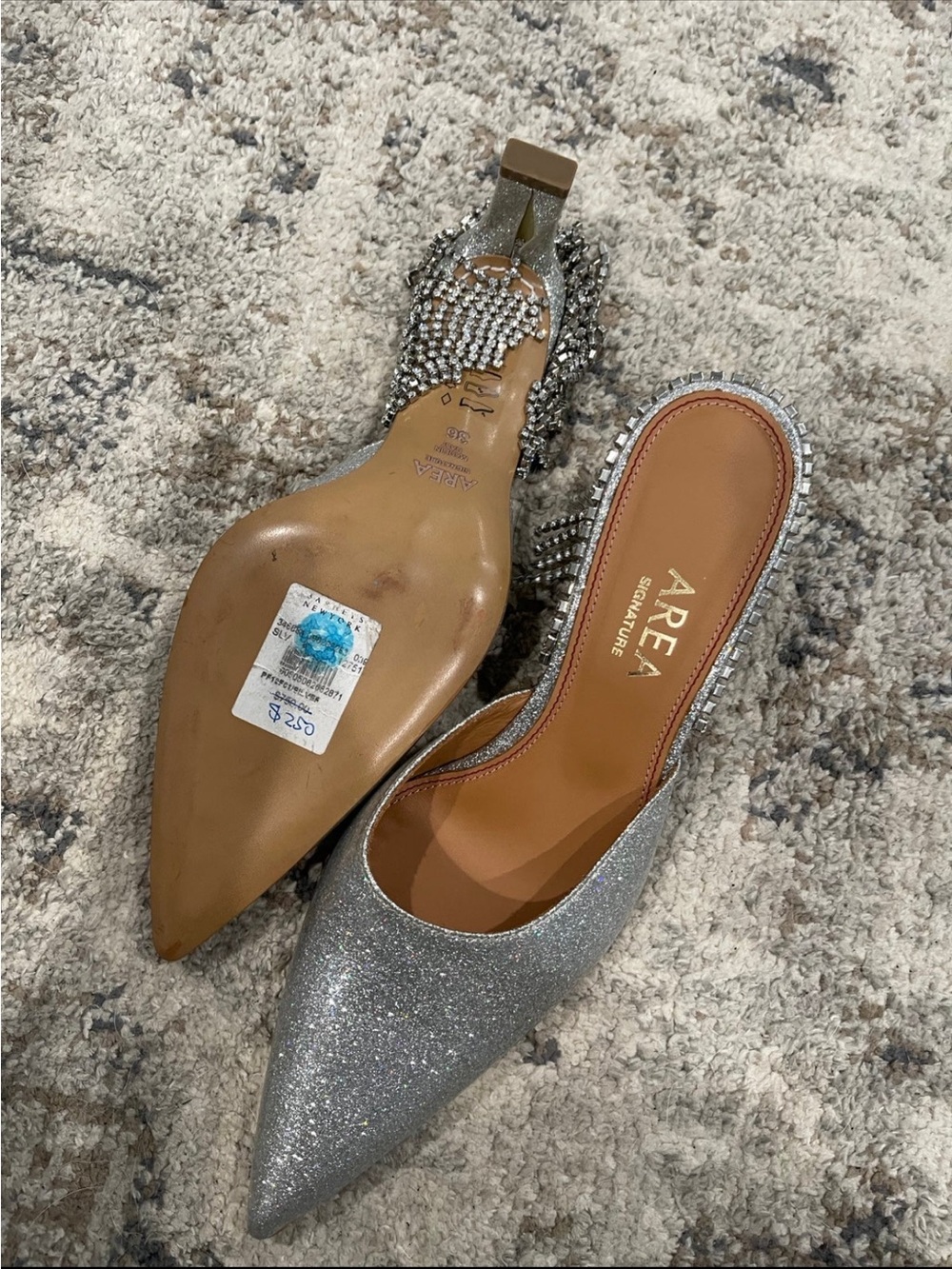 AREA Silver Glitter Pointed Mule with Crystal-Embellished Block Heel - Picture 2 of 6